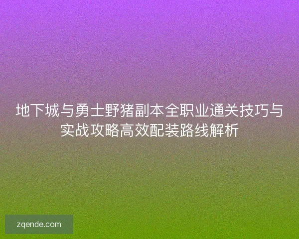 地下城与勇士野猪副本全职业通关技巧与实战攻略高效配装路线解析